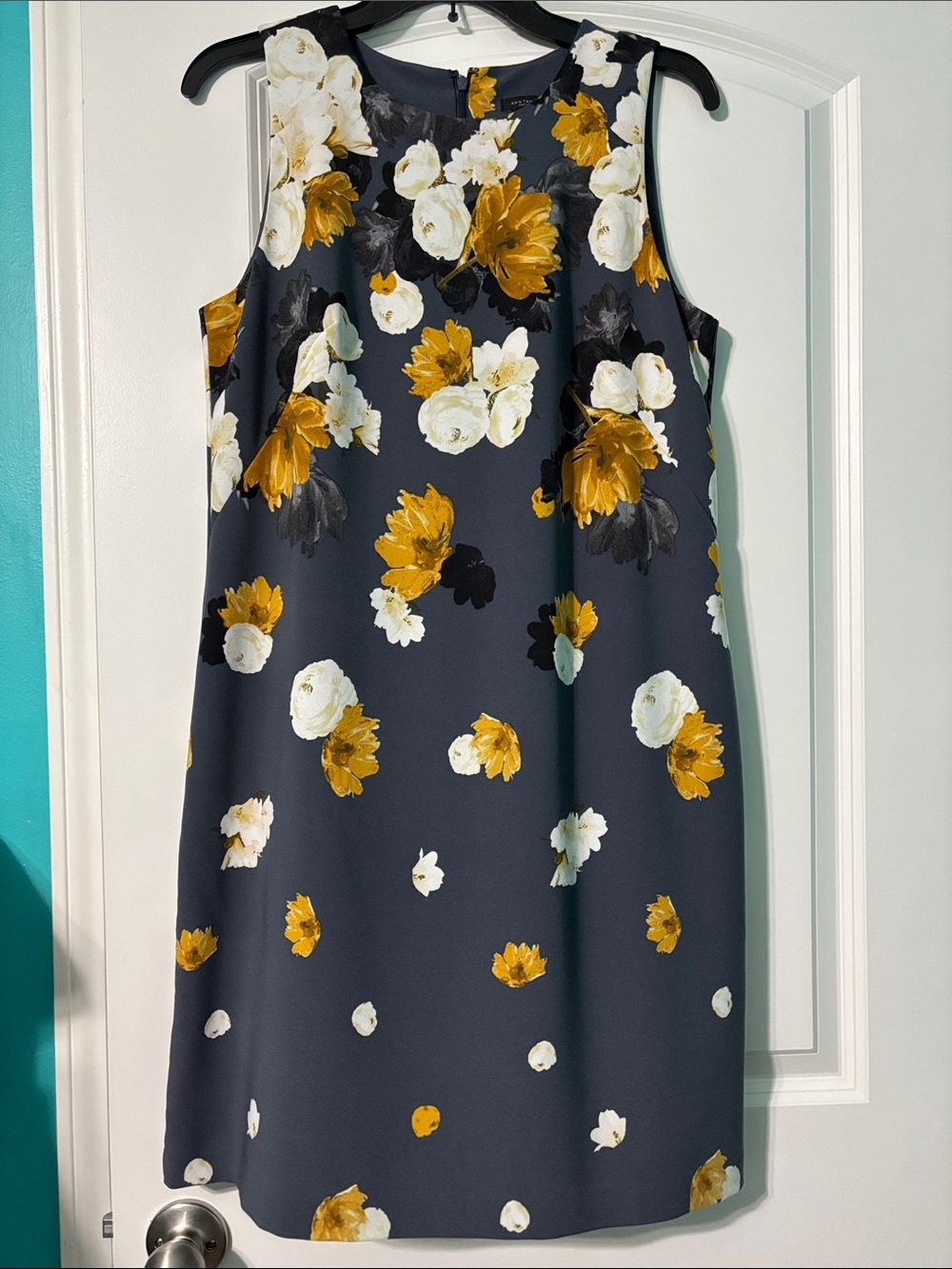 Ann Taylor Factory Navy Summer Sleeveless Floral Midi Dress with Yellow & White